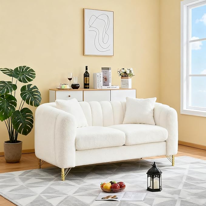 Loveseat Velvet Fabric Two- Seater Couch Buckle Design and Rivet Decoration Deep Seated Double Sofa Suitable for Living Room Bedroom Apartment Hotel etc (beige-06)