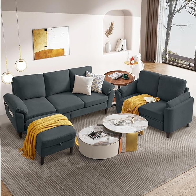 80 Convertible Sectional Sofa Set Modern Linen Small L Shaped Couch with Reversible Chaise and Loveseat Sofa 3-Seat Sofa Couches for Living Room Office Apartment Dark Grey