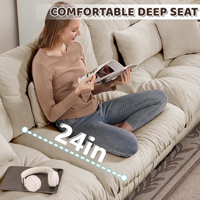 94.4 L-Shape Modular Cloud Sectional Sofa with Chenille Plush Fabric - 2 Seater Couch with Deep Seat and Movable Ottoman for Living Room Apartment and Office - Light Coffee