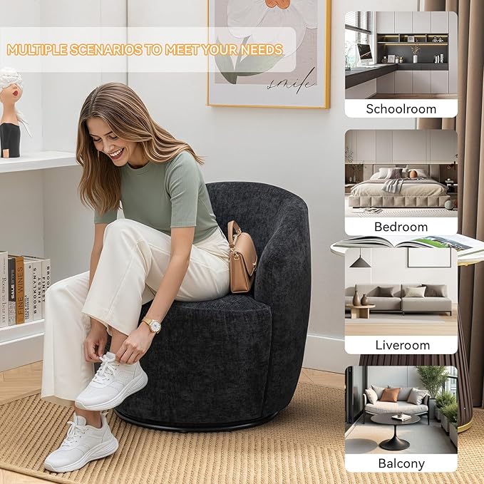 360 Degree Swivel Accent Chair Modern Barrel Vanity Chair with Back Comfy Single Circle Couch for Living Room Bedroom Reading Nook (Chenille Black)