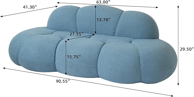 Boneless Small Couch for Bedroom 90 Modern Curved Boucle Couch Comfy Upholstered Cloud LoveSeat Floor Sofa Deep Seat Leisure Bubble Couches for Living Room Small Space (Blue No Installation)