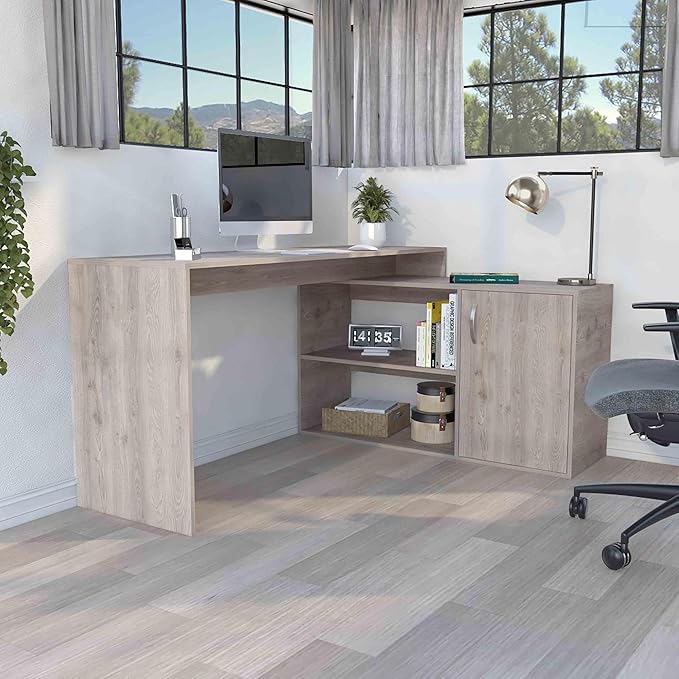 Penau L-Shaped Computer Desk with Open &amp Closed Storage Light Gray Finish Spacious 59 Inch Surface Perfect for Home Office Sturdy Particle Board Construction