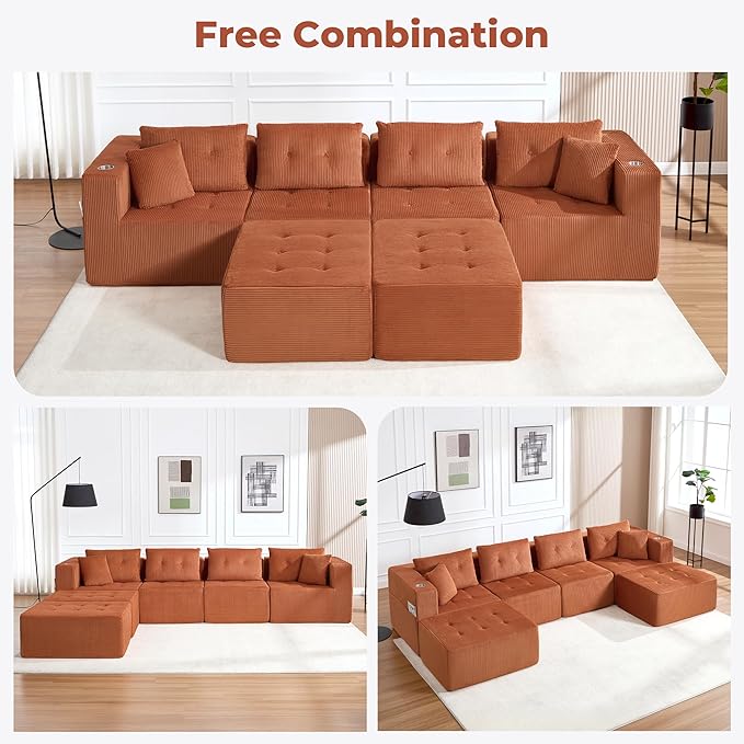 128 U Shaped Modular Sectional Sofa Oversized 6-Seater Boneless Tufted Cloud Couch with Cup Holder and Movable Ottoman Corduroy Upholstery Couches for Living Room No Assembly Orange