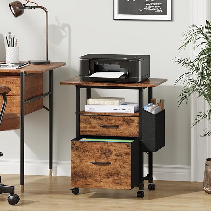 GYIIYUO 2 Drawer File Cabinet with 24'' Extended Desktop 3 Drawer Tall File Cabinet with Charging Station