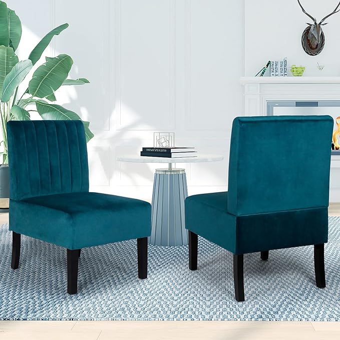 STHOUYN Mordern Velvet Armless Accent Chair Set of 2 Decorative Slipper Chair Vanity Chair for Bedroom Desk Corner Side Chair Living Room Furniture White (2 Blue)