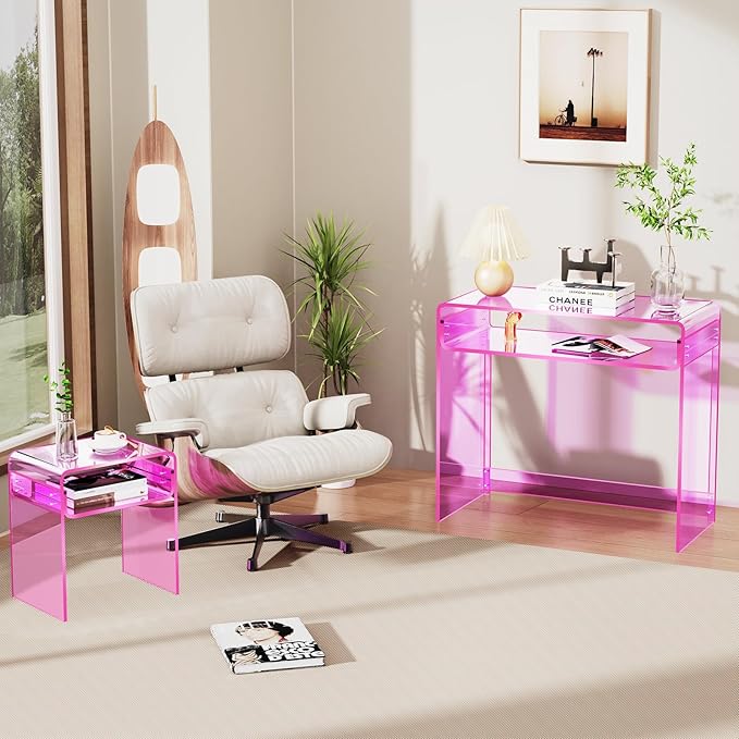 Acrylic Desk Laptop Workstation Study Table Home Office Console Tables Entrance Table Decor (Pink)