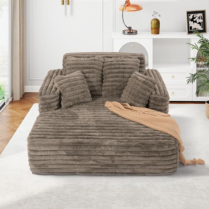 56 Oversized Chaise Lounge Chair IndoorPlush Faux Fur Sleeper Sofa Couch Bed with Pillows&ampWide ArmrestsFluffy Comfy Cloud CouchCompression Foam Couch for Living RoomBedroom(Brown)