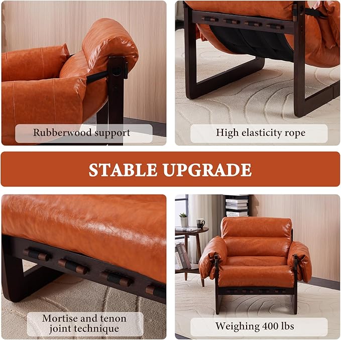 Furnilivng Modern Lounge Accent Chair Comfortable Oil Waxed Leather Arm Chair with Sturdy Wood Frame Upholstered Cozy Sofa Chair for Living Room Bedroom Dressing Room Home Office Retro Orange