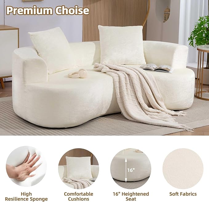 DYHOME Curved Loveseat Cloud Couch 79 White Modern Curved Couch Sofa for Living Room Chenille Cloud Sectional Sofa with 2 Pillows for Small Spaces Wide Armrest &amp Memory Foam No Assembly Requi