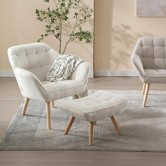 Modern Sherpa Accent Chair with Ottoman Set of 2 Fluffy Upholstered Lounge Chair with Footrest Comfy Living Room Side Boucle Armchair for Small Space Bedroom White
