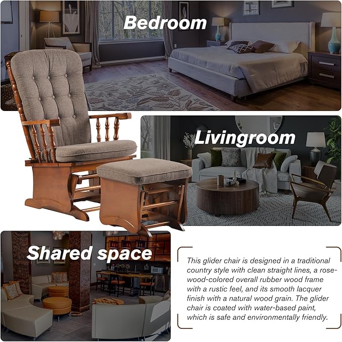 Anti-Pinch Solid Wood Hand Glider Rocking Chair Set with Ottoman Padded Cushion Rustic Rubber Wood Nursery Glider for Nursing Relaxing Living Room Bedroom Oak Colored