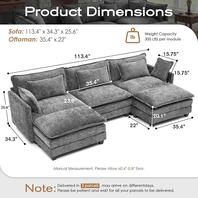 113.4 L-Shaped Modular Sectional Sofa with Ottoman Comfy Cloud Couch with Deep Seat (23.6 D) Solid Wood FrameBeige/Gray/Blue/Black for Living Room Small Apartment (Grey 3 Seat)