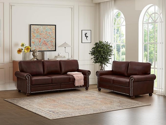 KEIKI 5 Seat Chesterfield Sofa Retro Style Upholstered Faux Leather PU Couch with Storage Space Rolled Arm Nailhead for Living Room Bedroom Office Apartment Burgundy
