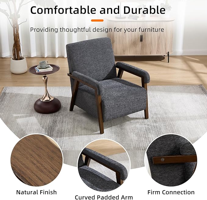 Mid Century Modern Accent Chair Upholstered Armchair with Thick Seat Cushion and Solid Wood Frame Thick and Comfy Innerspring Seat Cushion Short Plush Fabric Arm Chair for Living Room(2Dark Grey)