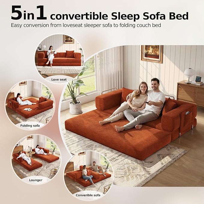 MoonSpeak 78.8''Sleeper Couch Bed for LivingroomConvertible Modular Sofa with Armrest PillowModular Foldable Corduroy Couches in a BoxNo Assembly (Orange)