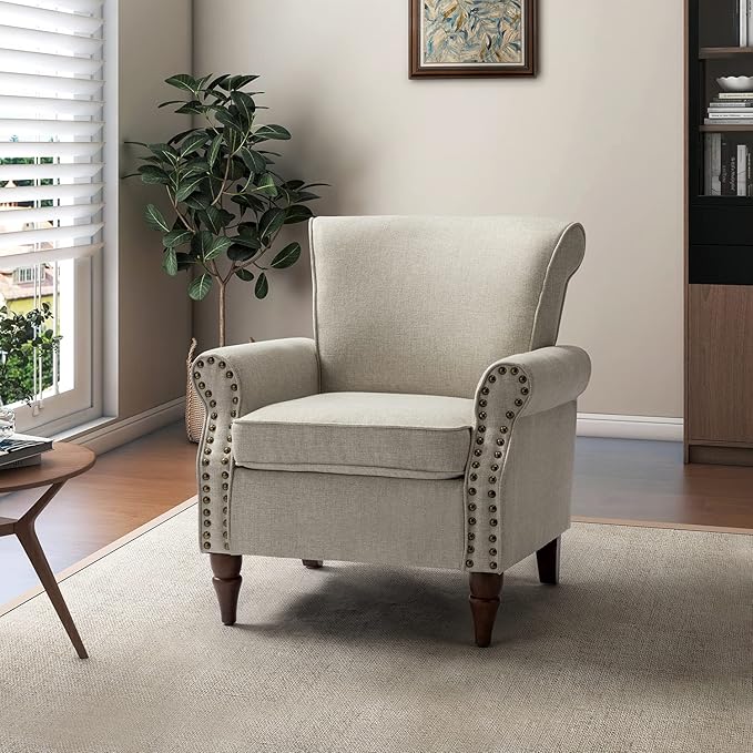 Modern Upholstered Accent Chair with Wood Legs Wingback Armchair with Removable Cushion Comfy Nailhead Trim Lounge Chair Single Sofa Reading Chairs for Living Room Bedroom