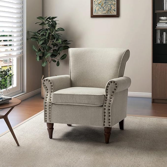 Modern Upholstered Accent Chair with Wood Legs Wingback Armchair with Removable Cushion Comfy Nailhead Trim Lounge Chair Single Sofa Reading Chairs for Living Room Bedroom