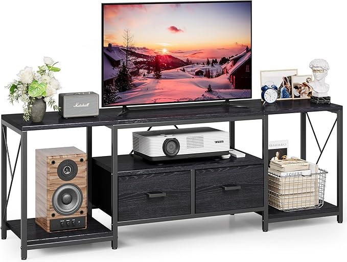 Homeiju TV Stand for TVs up to 75 Inch Entertainment Center with Fabric Drawers TV Media Console Table with Open Storage Shelves for Living Room Bedroom Black