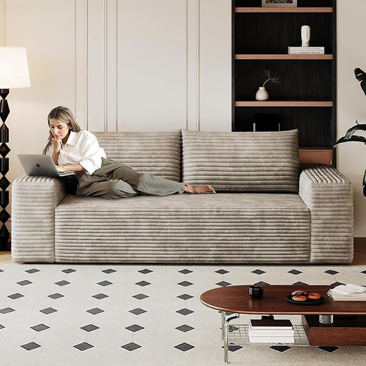3 Seater Couch for Living Room 71 inch Fluffy Corduroy Boneless Couch Cloud Loveseat with Wide Armrest Modern Upholstered Floor Sofa in a Box No Assembly Required Camel