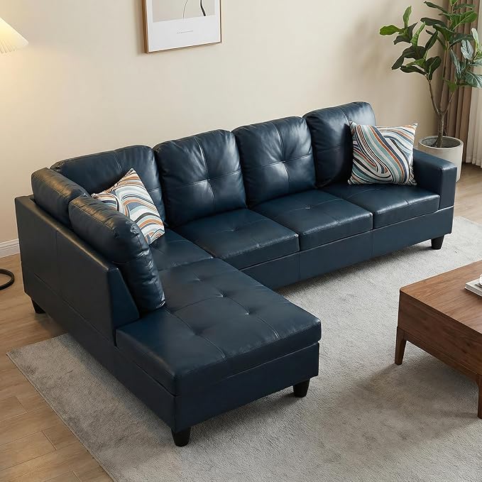 103.5 Inch Modern L-Shaped Couch PU Leather Sectional Sofa with Chaise Lounge 4-Seater Couch with Accent Pillows for Living Room Apartment Blue