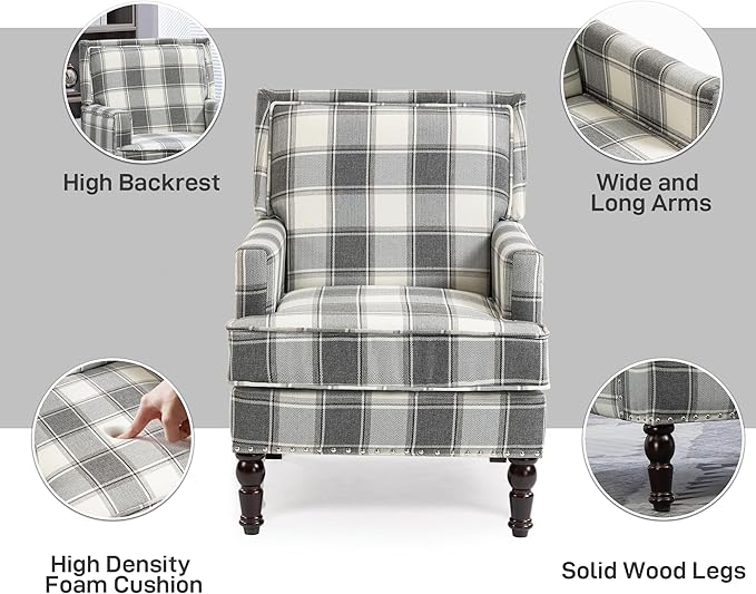 Accent Chair Plaid Modern Comfy Mid-Century Accent Chairs Upholstered Lounge Arm Chair with Solid Wood Frame for Living Room/Bedroom-Gray Plaid
