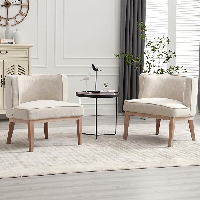 Accent Barrel Chairs Linen Accent Chairs Upholstered Modern Single Sofa Side Chairs with Wood Legs Comfy Barrel Club Chairs for Bedroom Reading Room Beige Set of 2