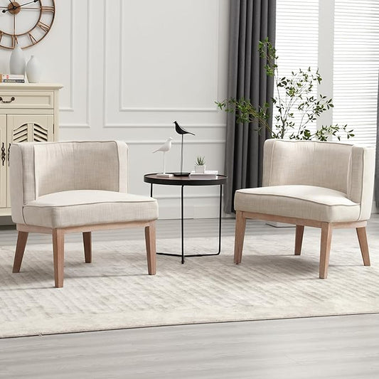 Accent Barrel Chairs Linen Accent Chairs Upholstered Modern Single Sofa Side Chairs with Wood Legs Comfy Barrel Club Chairs for Bedroom Reading Room Beige Set of 2