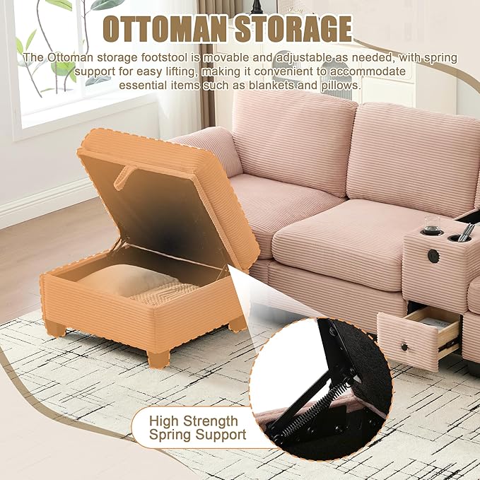 KEIKI 105 L-Shaped Oversized Corduroy Modular Sectional Sofa with 1 Ottoman and Multi Functional Console 4-Seater Upholstered Couch with USB and 2 Cup Holder Easy Assembly for Living Room Pink