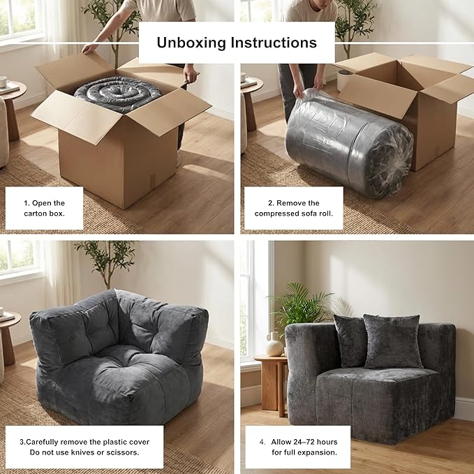 · REDEARTH · Right Armchair Velvet Sectional Sofa No-Assembly Compressed Couch in a Box Firm Support Boneless Modular System in Plush Velvet for Living Room (1-Seater) Dark Gray