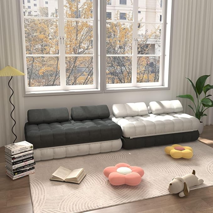 3-in-1 Convertible Sofa Bed 59.1 Folding Loveseat Sleeper Chair with Pillows Portable Fold Out Boneless Couch Lounge Comfy Velvet Floor Mattress for Living Room Bedroom - White Full