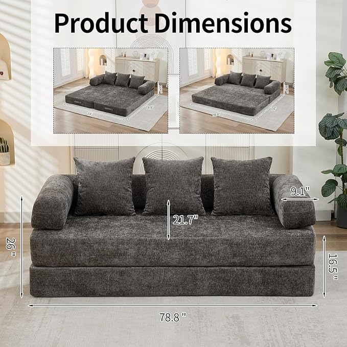 Convertible Sofa Bed 4-in-1 Floor Foldable Couch Bed with Armrests &amp Pillow Chenille Fabric No Assembly Required Comfy Memory Foam Couch Lounge Sofa for Living Room Grey