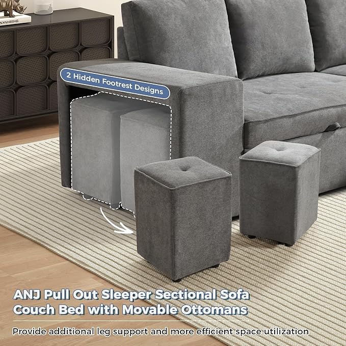 ANJ L Shaped Sectional Sleeper Sofa with Pull Out Bed and Storage 4-in-1 Convertible Couch with Hidden Ottoman and Arm Storage Easy Assembly Modular Sofa Bed for Living Room Grey