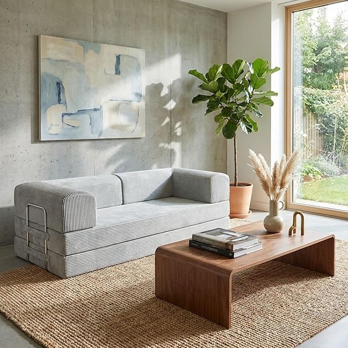 TUFT&ampFINCH 82 Folding Convertible Sofa Bed – 5 in 1 Modular Corduroy Boneless Couch for Living Room Pet-Friendly Cloud Couch Removable Washable Covers CertiPUR US Foam - Light Grey