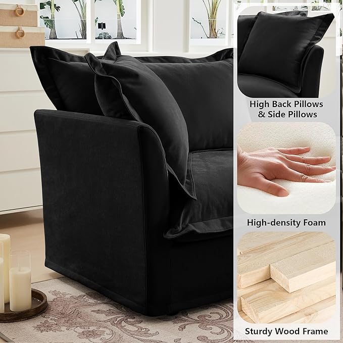Aoowow Oversized Modular Sectional Sofa Chair Set of 2 49” Chenille Fabric Single Armchair Comfy Deep Seat Couch Sofa with Big Toss Pillows for Living Room Apartment Office(Black-Chenille)