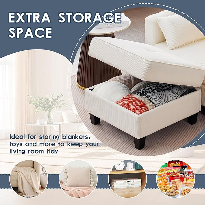 Small Sectional Couches with Storage 80 L Shaped Sectional Couch with Chaise and Ottoman Modular Corduroy Sofa with USB Ports&ampPockets for Small Places Living Room Apartment Office (White)