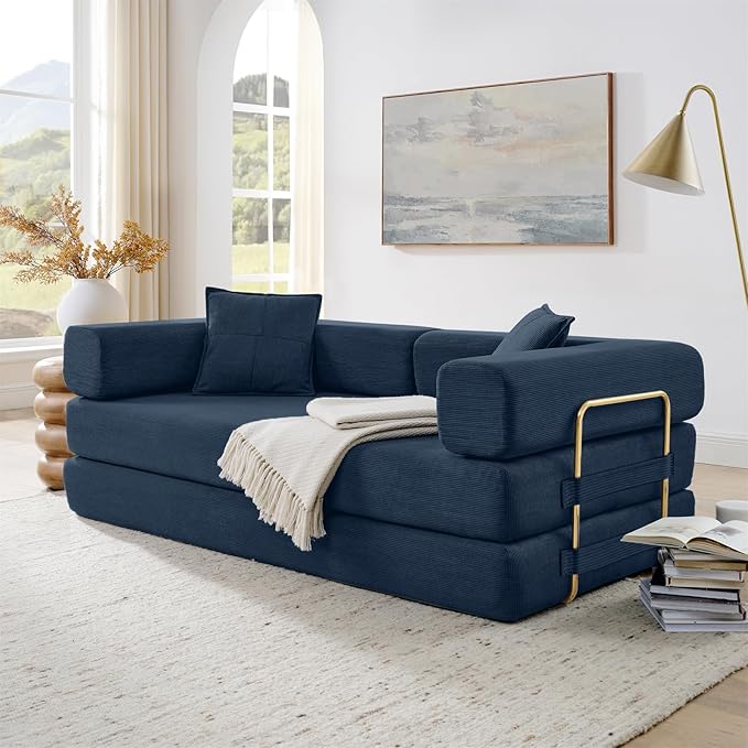 4-in-1 Folding Convertible Floor Sofa Bed 78 Oversized Compression Sofa No Assembly Required King Futon Lazy Couch Corduroy Loveseat Sleeper with Pull Out Bed Modular Futon Couch (Blue)