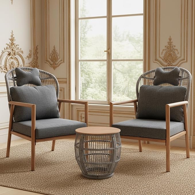 Modern Living Room Chairs Accent Chairs Set of 2 with Coffee Table Comfy Arm Chair with Cushions/Headrest Reading Lounge Chair Rattan Recliner Seating Braid Armchair for Bedroom Grey