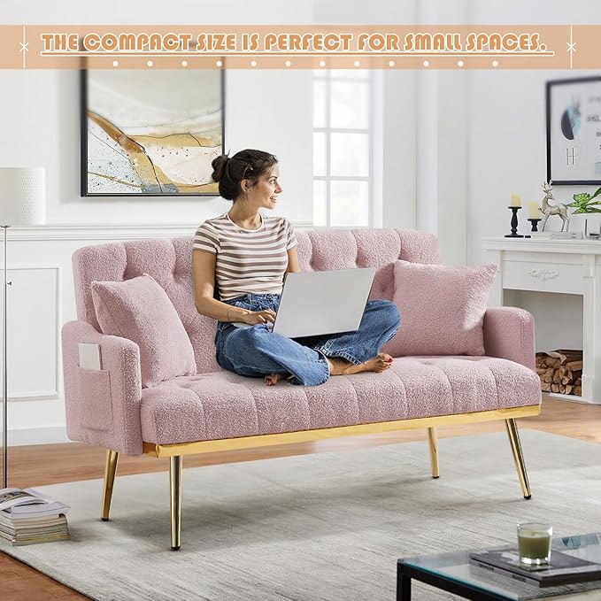 Small Loveseat Sofa 55.5-inch Modern Sofa Couch with with 2 Side Pockets Modern Tufted Sofa with Golden Metal Legs Upholstered Space Saving Love Seat for Living Room Bedroom Office Pink Teddy
