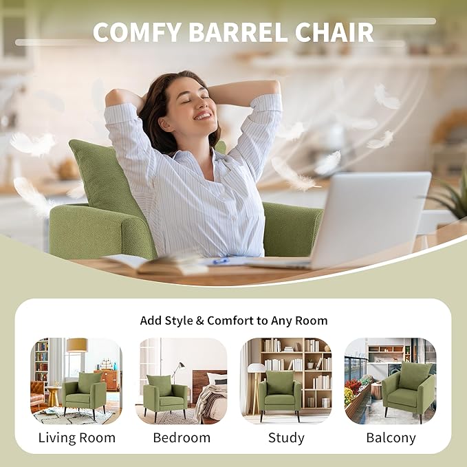 Comfy Accent Chair for Living Room Modern Fabric Upholstered Armchair with Solid Wood Legs Supportive Back Cushions and Easy Assembly Olive Green