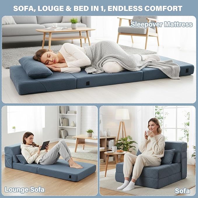 Tiita Convertible Folding Sofa Bed Single Size for Adults with Pillow Plush Fabric Floor Mattress Couch Bed Washable Cover &amp Side Pocket Guest Room Dorm Apartment Living Room Blue Gray