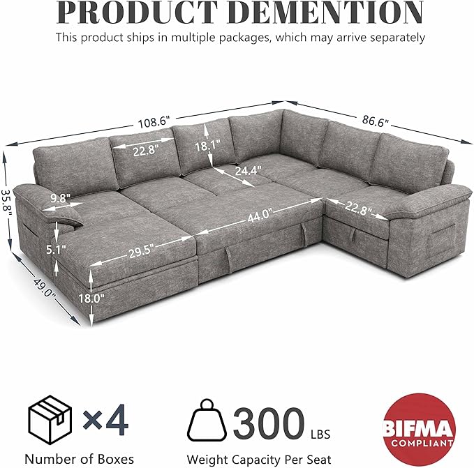 108 Inch Modular Sectional Sofa with Pull Out BedU Shaped 7 Seat Sectional Sleeper Sofa with StorageSectional Couches for Living RoomCloud Modular CouchRemovable Sofa CoverLight Gray