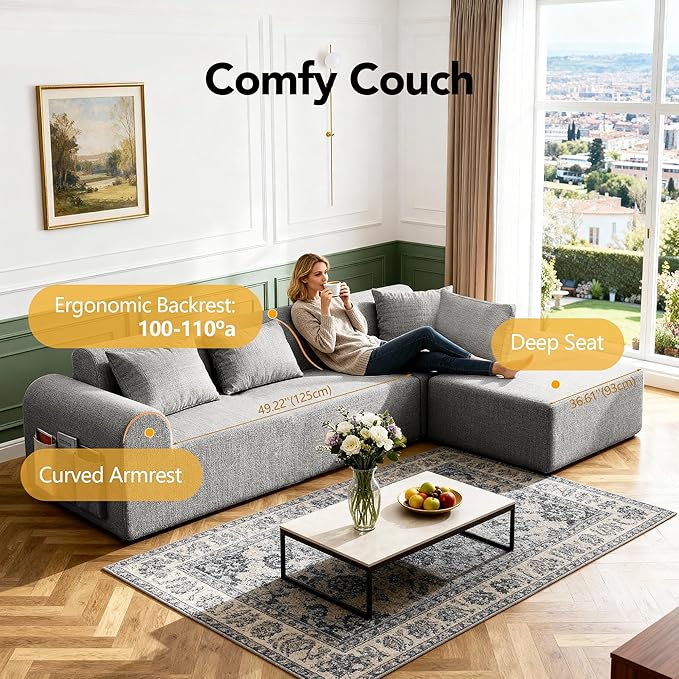 2026 New 105.5”Cloud Boneless Sectional Sofa for Living Room L-Shaped 4-Seater Modular Couch with Ottoman 4 Pillows Deep Seat Chenille Fabric Sofa No Assembly 72H Full Restore Light Grey