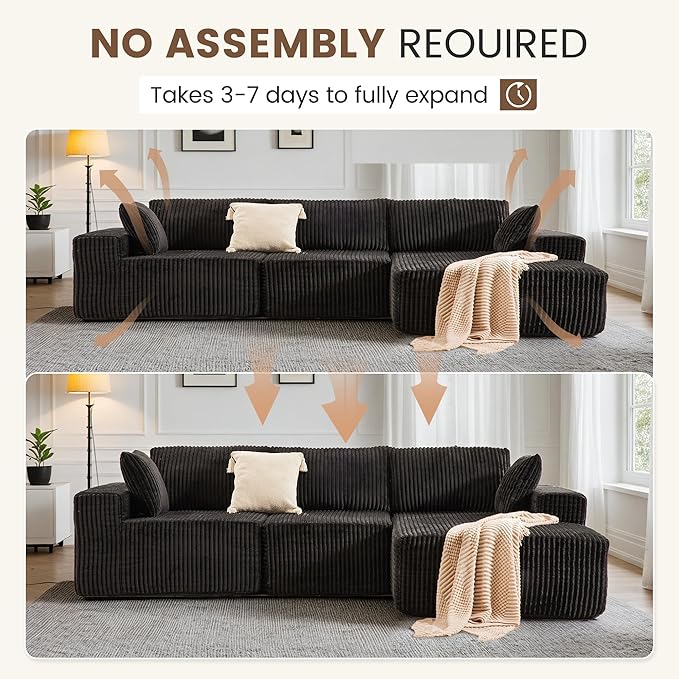 Apicizon 113 Boneless Sectional Couch for Living Room L Shaped Sectional Sofa Couch with Left Chaise Longue Modular Sleeper Sofa for ApartmentNo Assembly Required (Stripe Corduroy Black)
