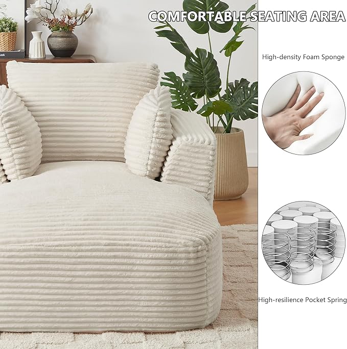45.3W Boneless Chaise Lounge Sofa Chair Indoor Oversized Corduroy Reading Cloud Couch with Soft Pillows Comfy Single Seat Floor Sleeper Sofa Bed for Living Room Apartment Office Small Spaces