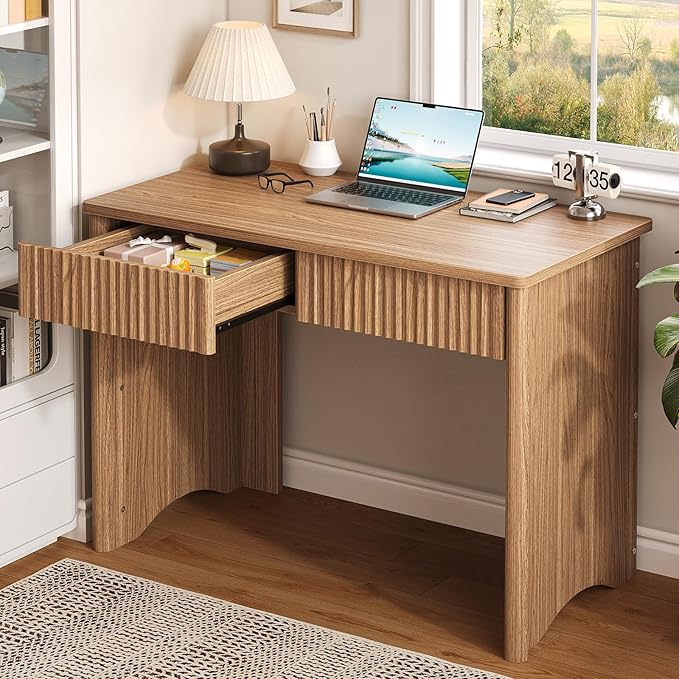 Bestier 40 Inch Fluted Wood Computer Desk with Drawers Modern Home Office Desk Compact Writing Desk Laptop PC Desk for Bedroom Studio Study Room Small Space &amp Dorm
