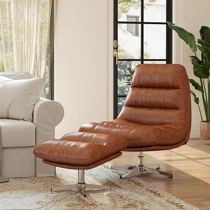 HNY Brown Swivel Lounge Chair with Ottoman Modern PU Leather Accent Chair with Footrest 33'' Wide Oversized Armless Upholstered Reading Chair with Footstool for Living Room Bedroom Comfy