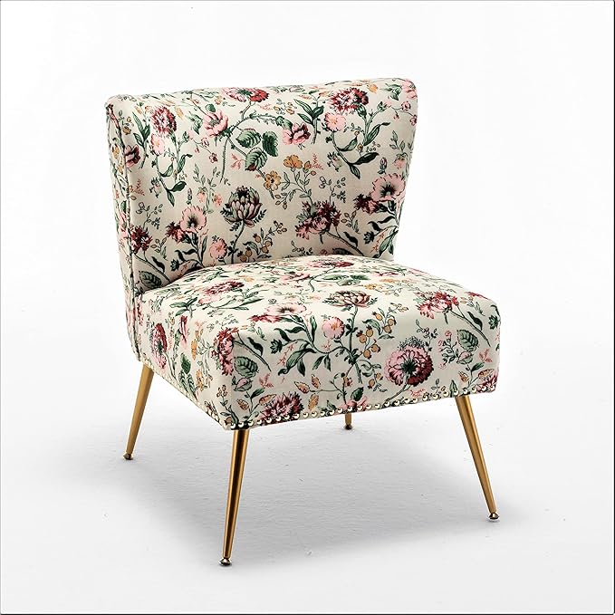 Thia Armless Accent Chair for Living Room Elegant Seat with Nailhead Trim Gold Metal Legs and Comfortable Curved Back 28 D x 25 W x 29.5 H 03 Floral Print