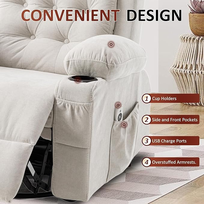 Rocker Swivel Recliner Chair with Massage and Heat Rocking Nursery Recliners Overstuffed Lounge Chair for Living Room Manual Recliner Mid Century Sofa Chairs with Cup Holders White
