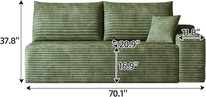 Boneless Sofa 2-Seater Cloud Couches for Living RoomModular Corduroy Upholstered Couch with Deep Seat No Assembly (Green Left Armrest)
