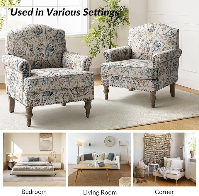 HULALA HOME Accent Armchair with Print Floral Pattern Comfy Upholstered Living Room Accent Chair with Retro Wooden Legs &amp Nailhead Trim Fabric Sofa Chair Reading Chair for Bedroom Office Paisle